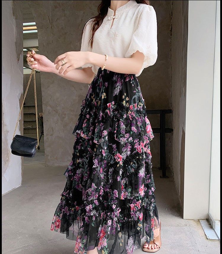 Elegant Layered Pink Tulle Maxi Skirt in Black