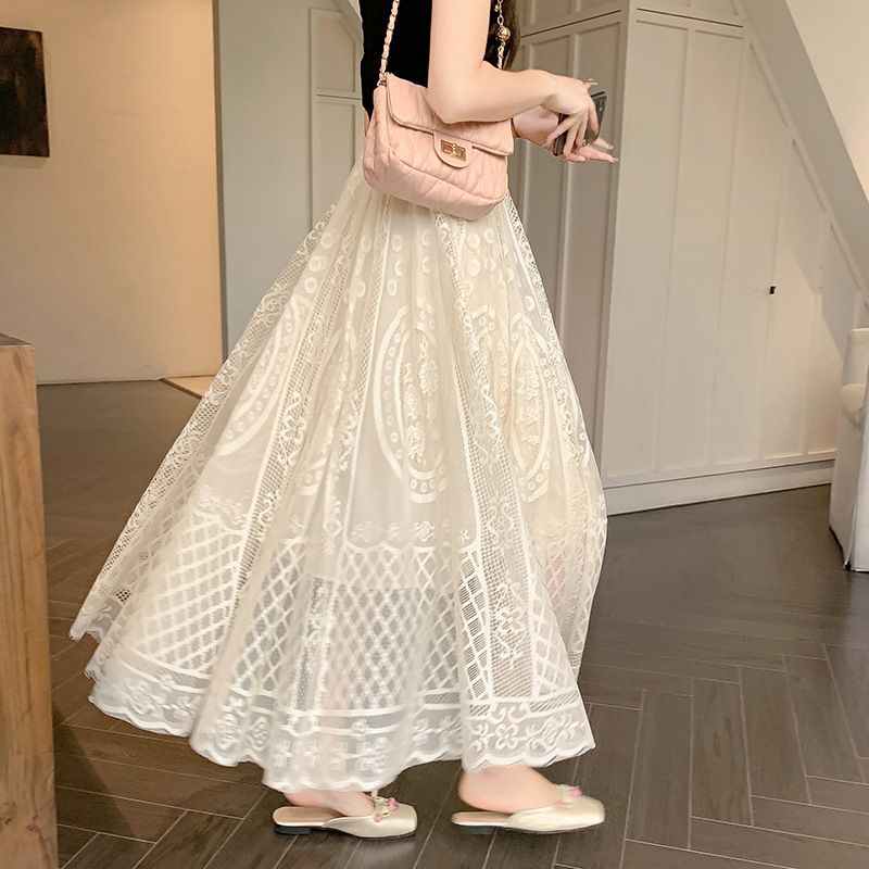 Elegant Layered Pink Tulle Maxi Skirt in Ivory