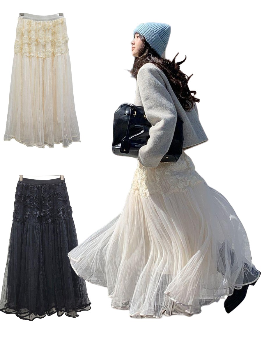 Rosebuds Lace Overlay Midi Skirt in Cream or Black