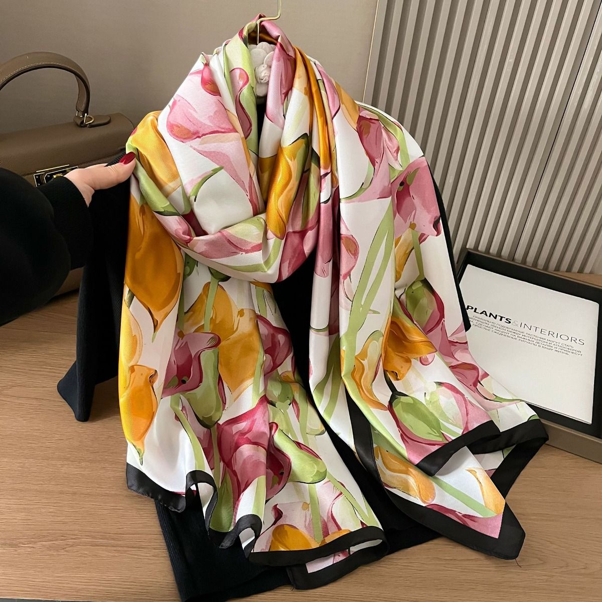 Calla Lily Motif Satin Scarf in Cream/Orange
