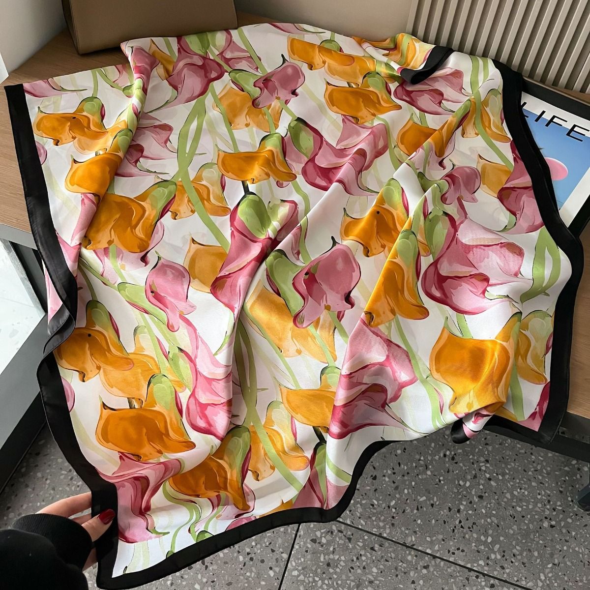 Calla Lily Motif Satin Scarf in Cream/Orange