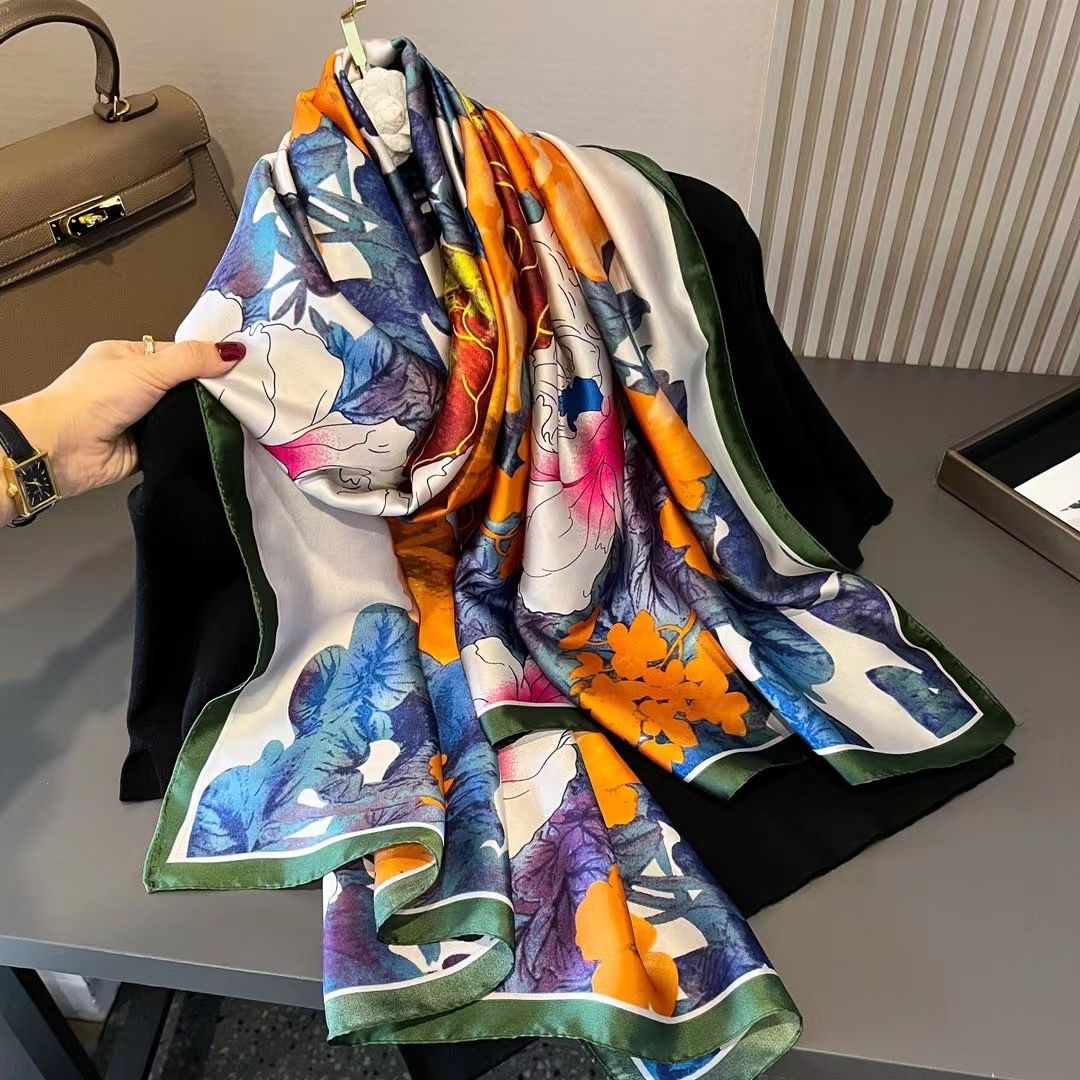 Painterly Floral Design Satin Scarf in Blue/Orange