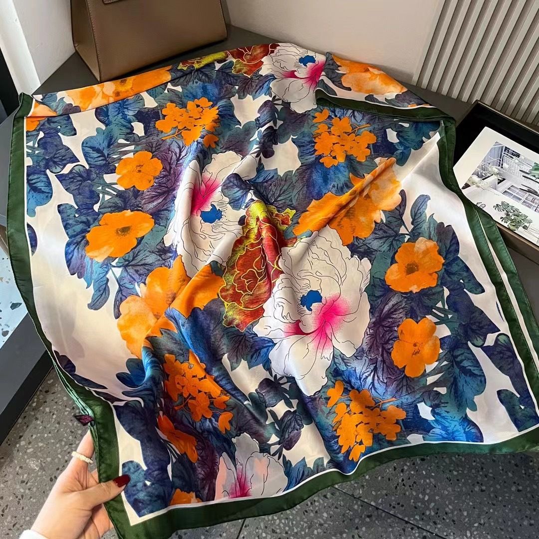 Painterly Floral Design Satin Scarf in Blue/Orange