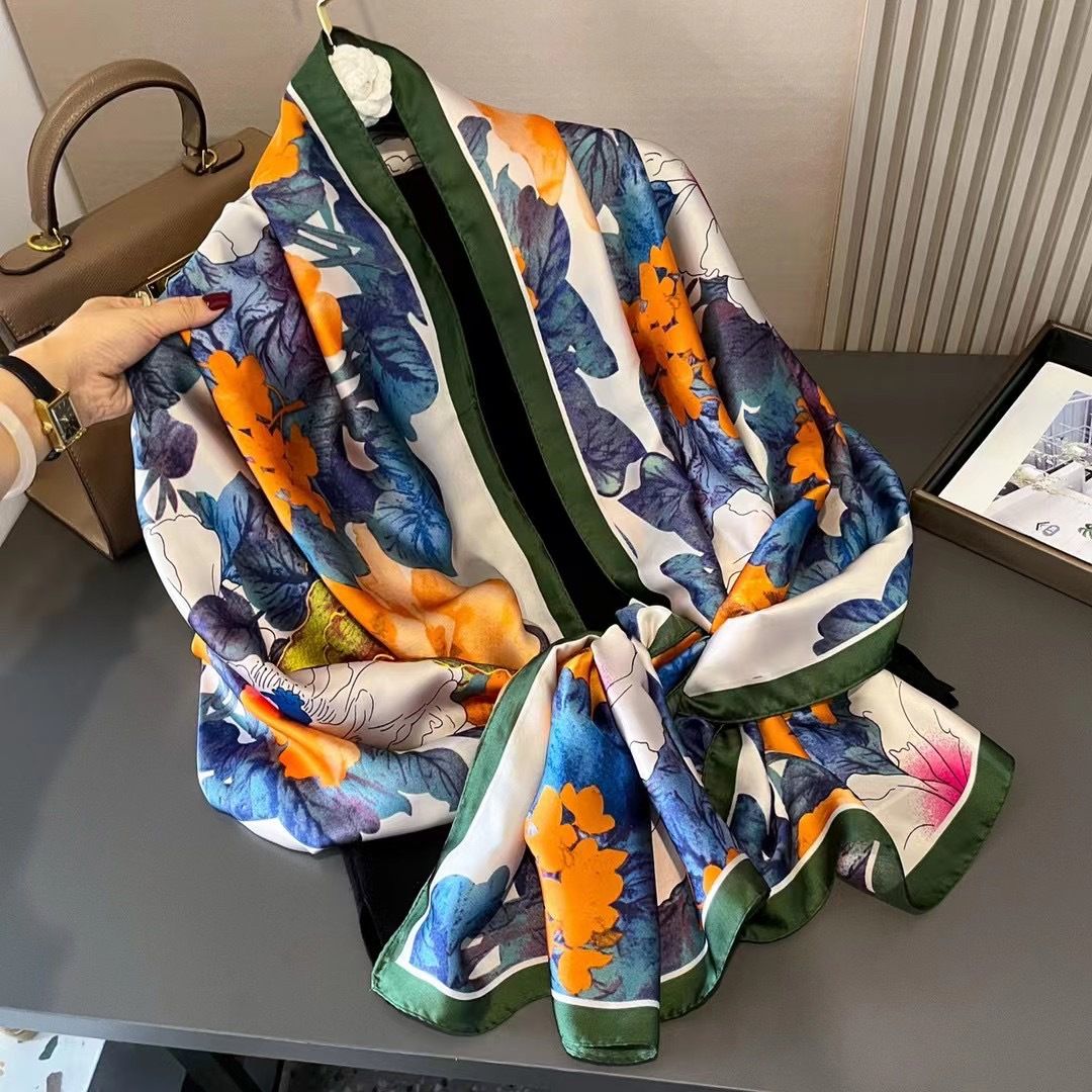 Painterly Floral Design Satin Scarf in Blue/Orange