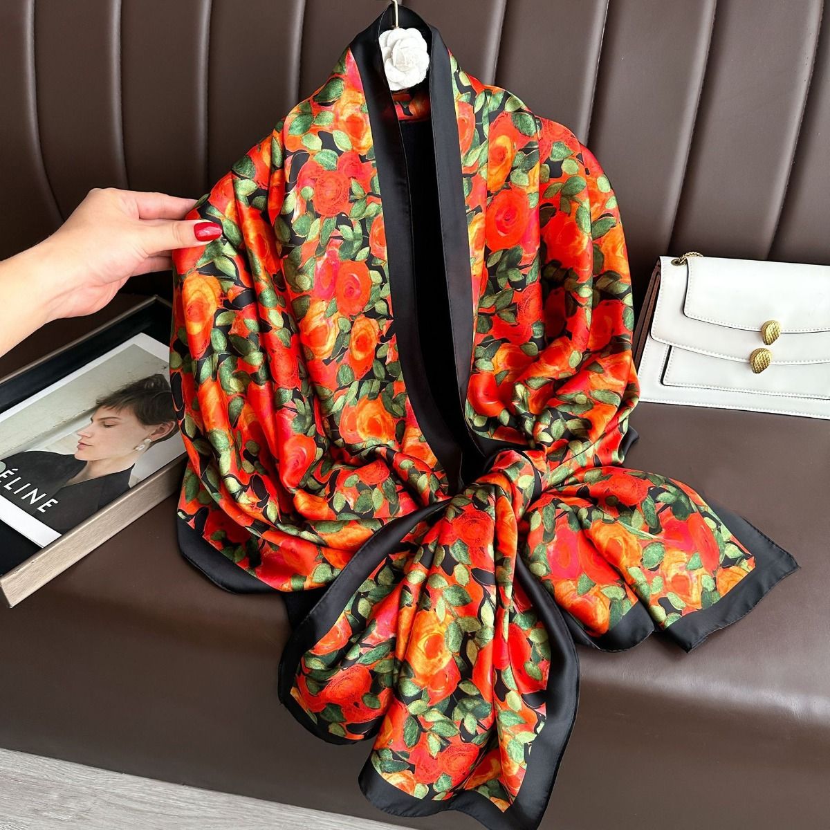 Vibrant Roses Print Satin Scarf in Red/Orange