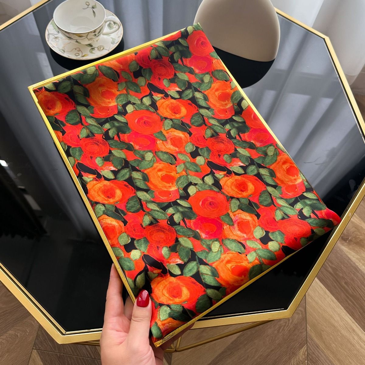 Vibrant Roses Print Satin Scarf in Red/Orange
