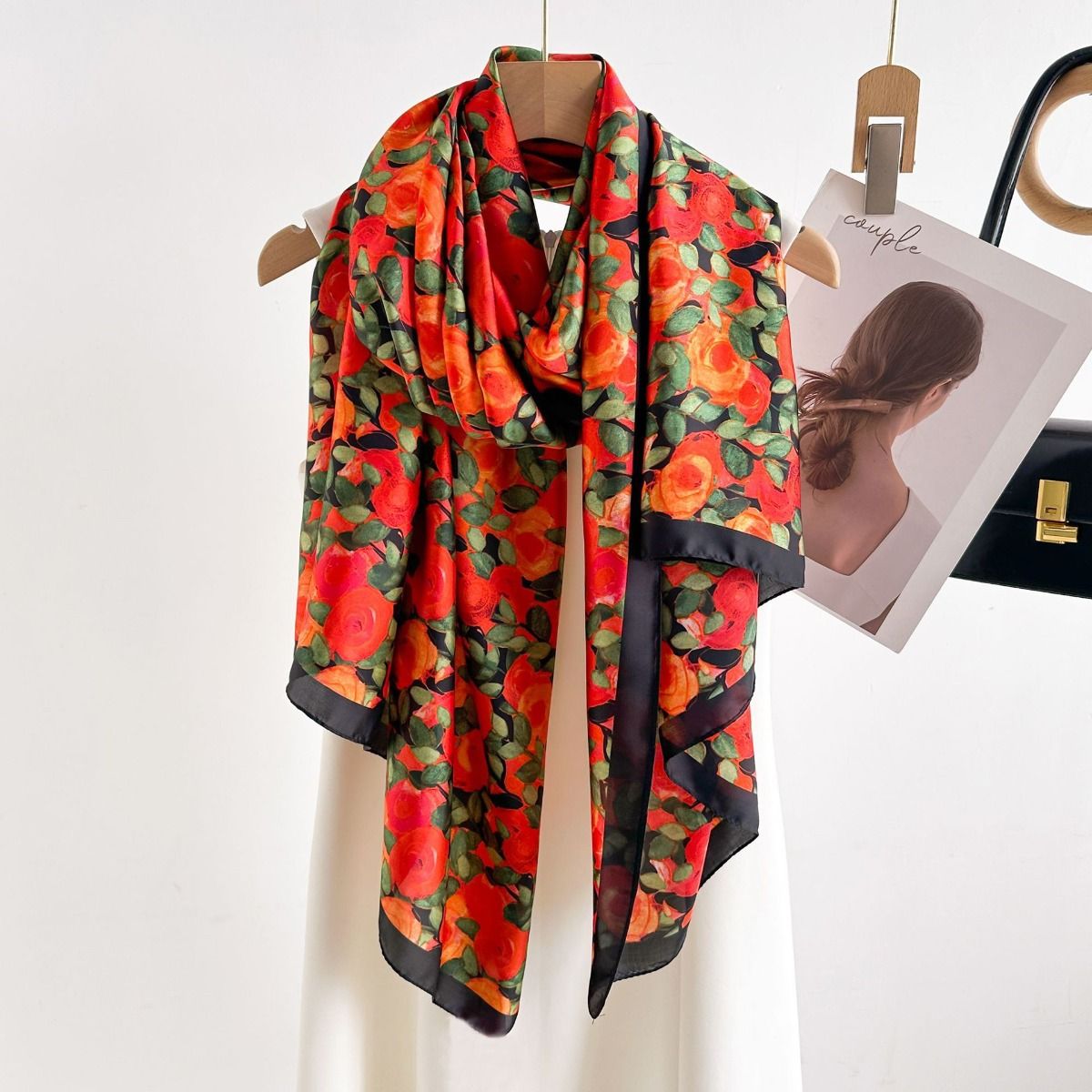 Vibrant Roses Print Satin Scarf in Red/Orange