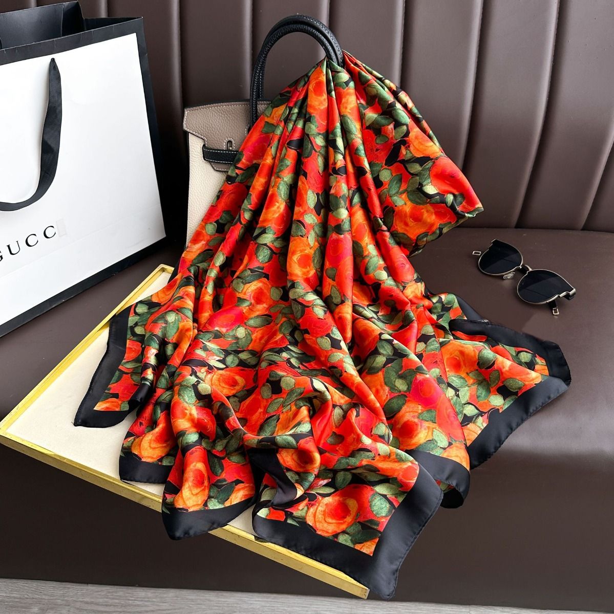 Vibrant Roses Print Satin Scarf in Red/Orange