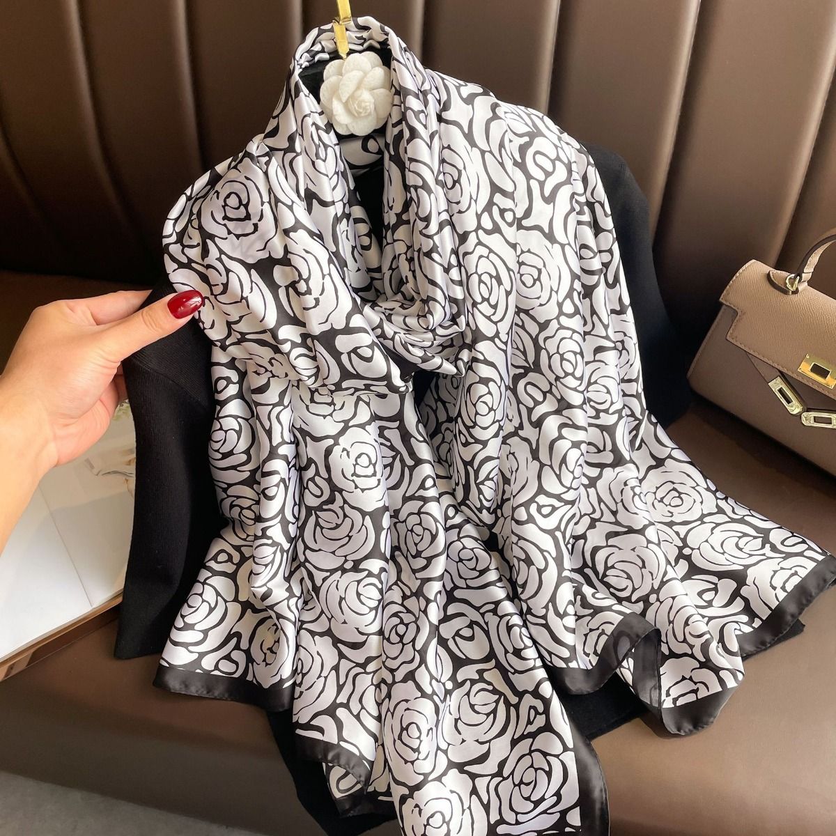 Classic Rose Motif Satin Scarf in White