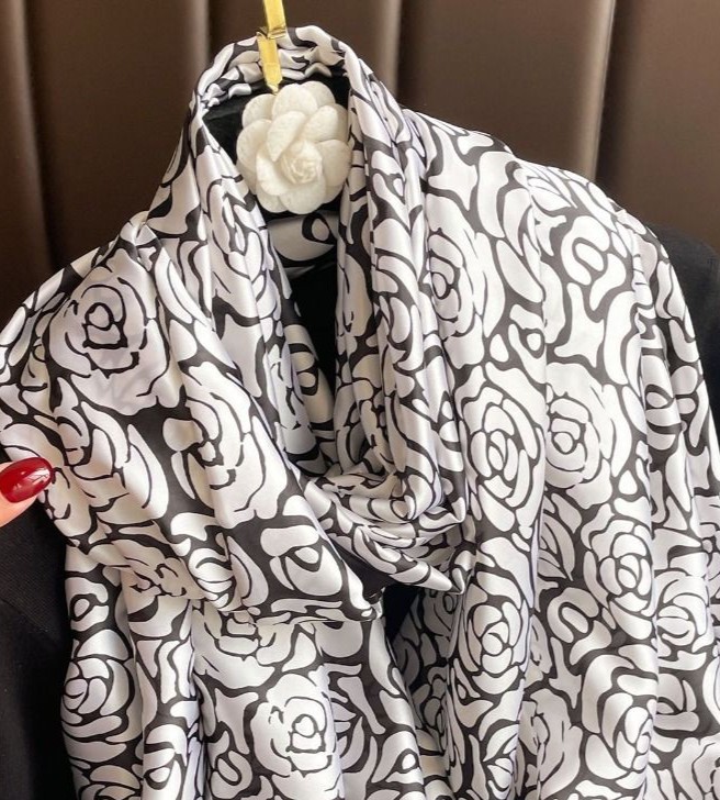 Classic Rose Motif Satin Scarf in White