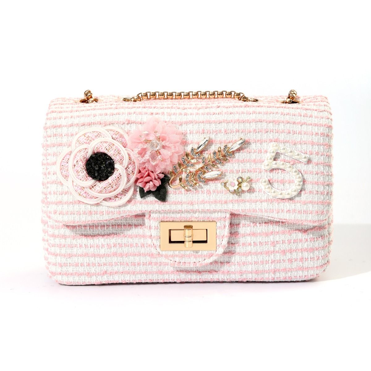 Designer Intricate No5 and Flowers Emblished Tweed Bag in Pink