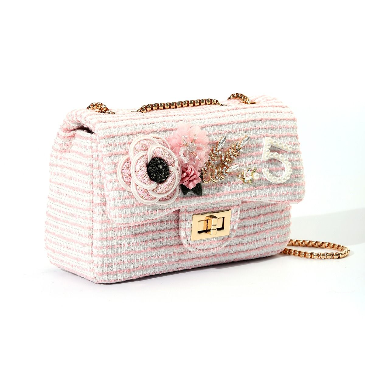 Designer Intricate No5 and Flowers Emblished Tweed Bag in Pink