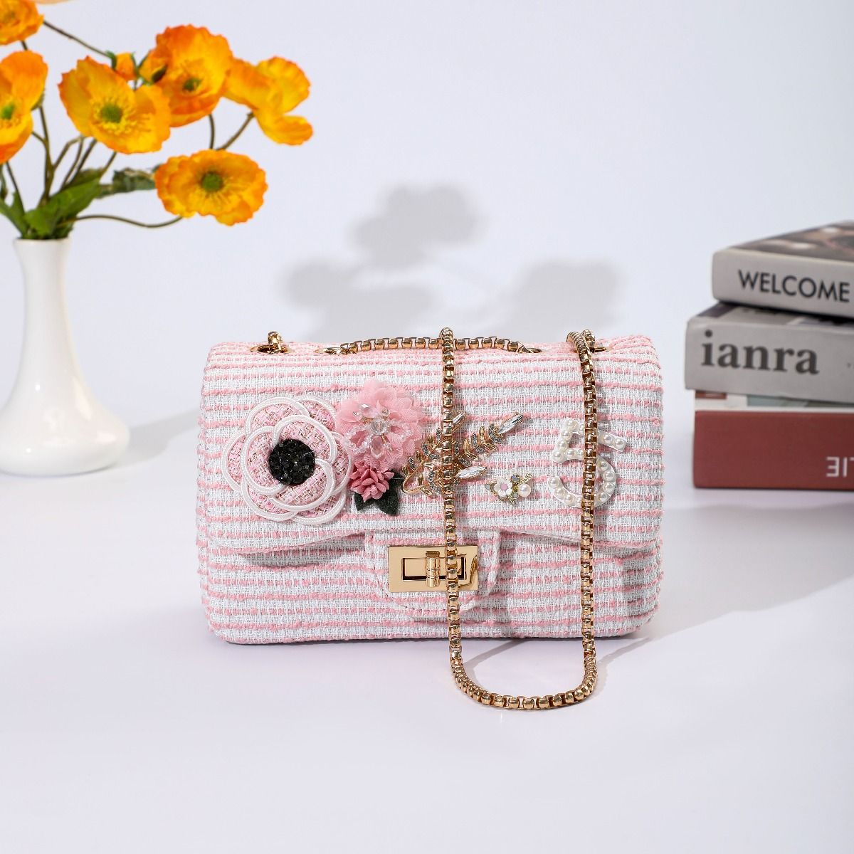 Designer Intricate No5 and Flowers Emblished Tweed Bag in Pink