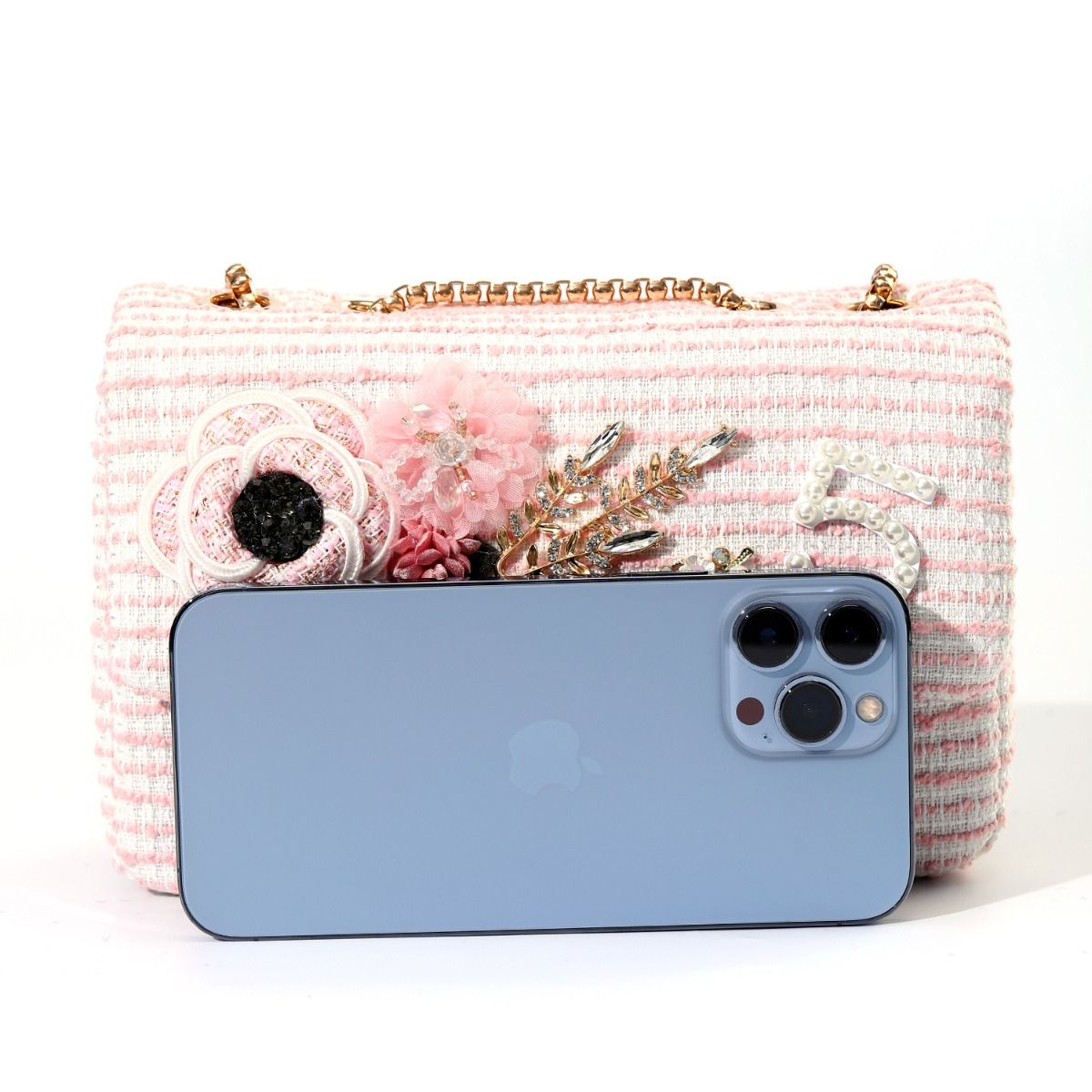 Designer Intricate No5 and Flowers Emblished Tweed Bag in Pink