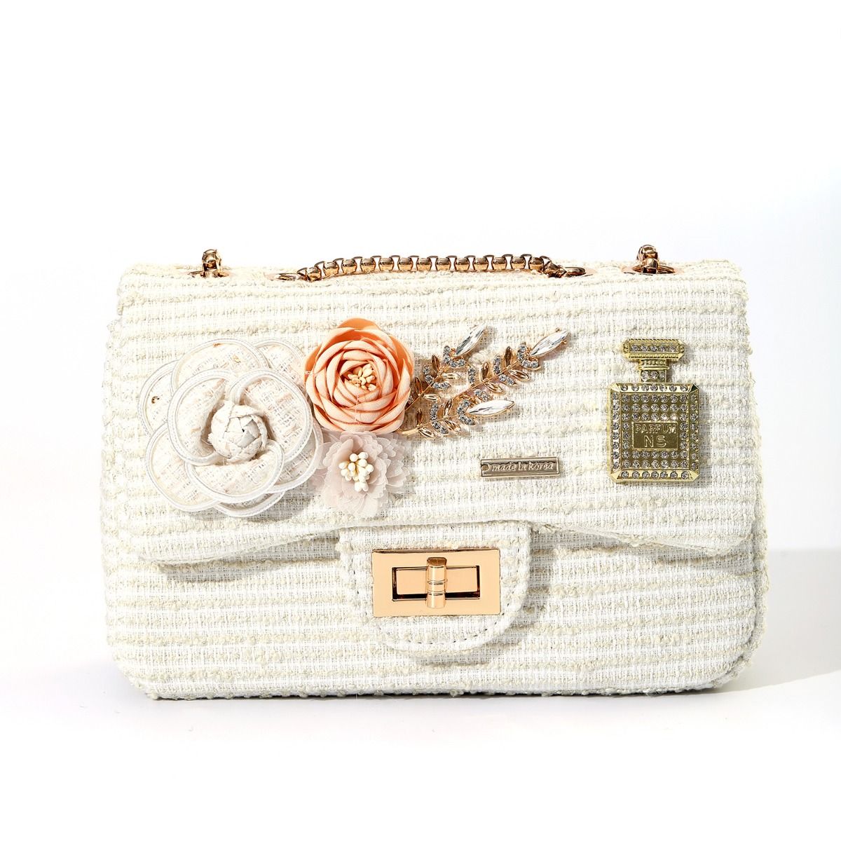 Designer Intricate Vintage Tweed Floral Handbag in Cream