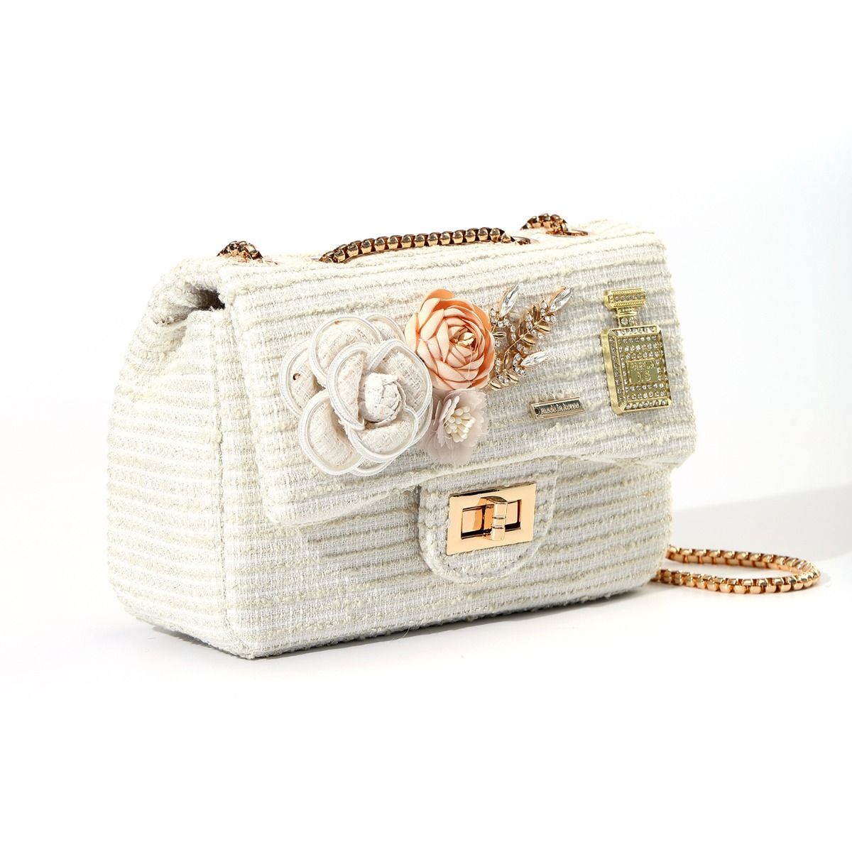 Designer Intricate Vintage Tweed Floral Handbag in Cream