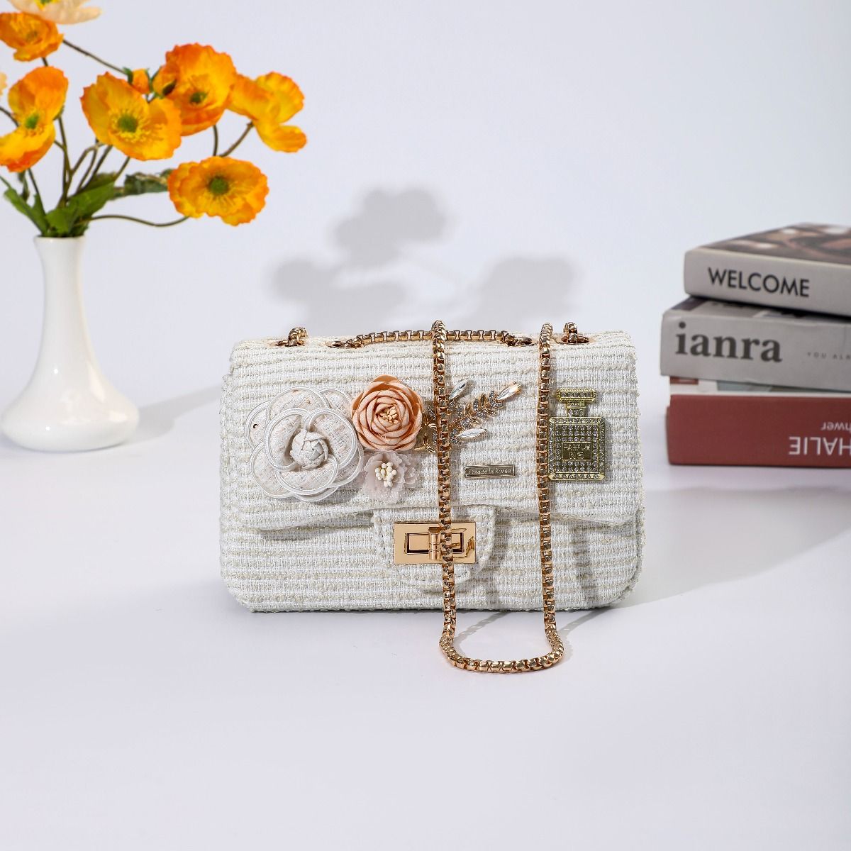Designer Intricate Vintage Tweed Floral Handbag in Cream