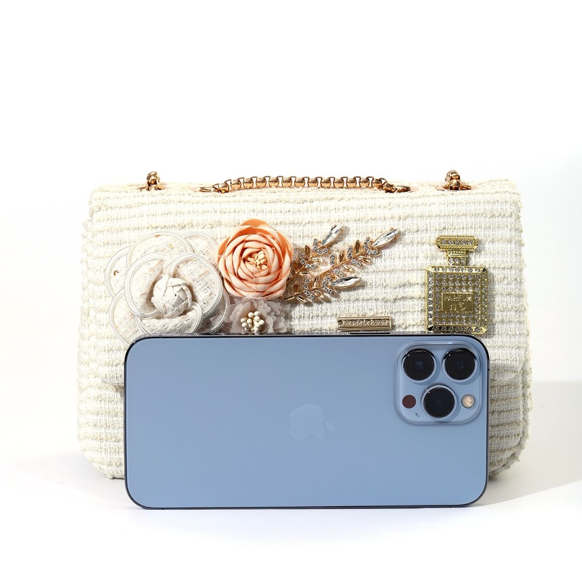 Designer Intricate Vintage Tweed Floral Handbag in Cream