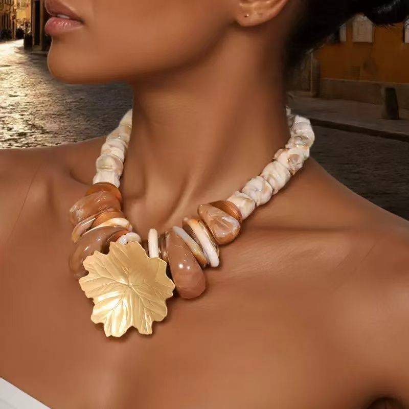 Chunky Pearl & Shell Necklace with Leaf
