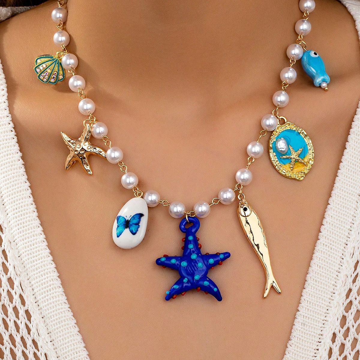 Starfish and Mermaid Dreams Necklace in Blue