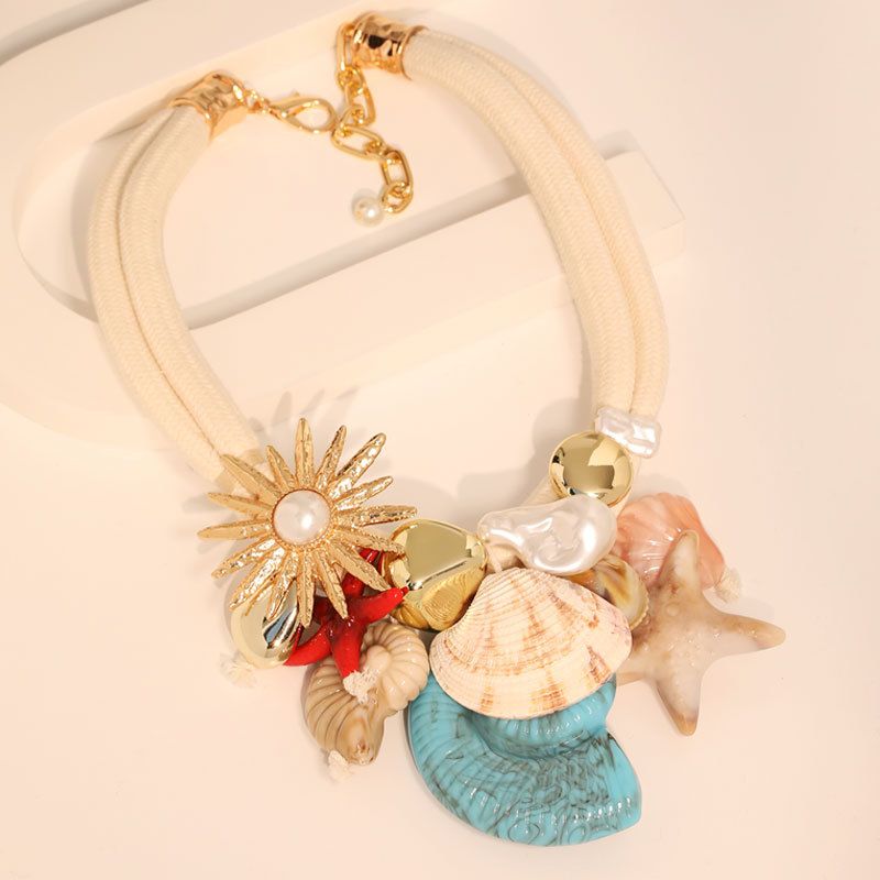 Seashell & Starfish Rope Choker Necklace in Cream 