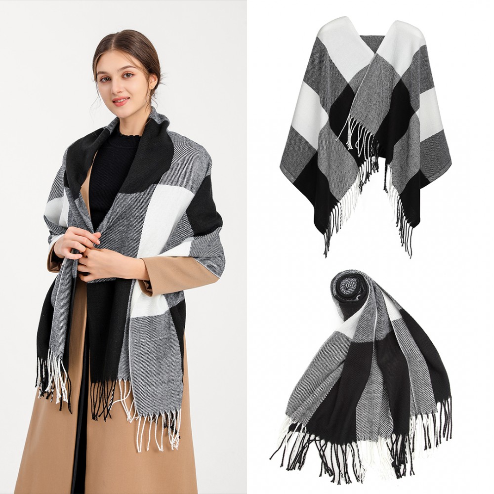 Women Fashion Long Shawl Grid Tassel Winter Warm Lattice Large Scarf - Black