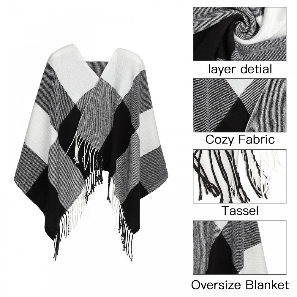 Women Fashion Long Shawl Grid Tassel Winter Warm Lattice Large Scarf - Black