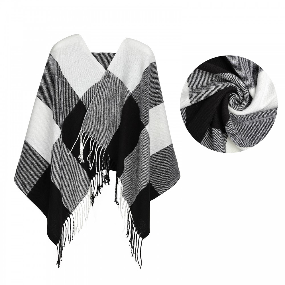 Women Fashion Long Shawl Grid Tassel Winter Warm Lattice Large Scarf - Black
