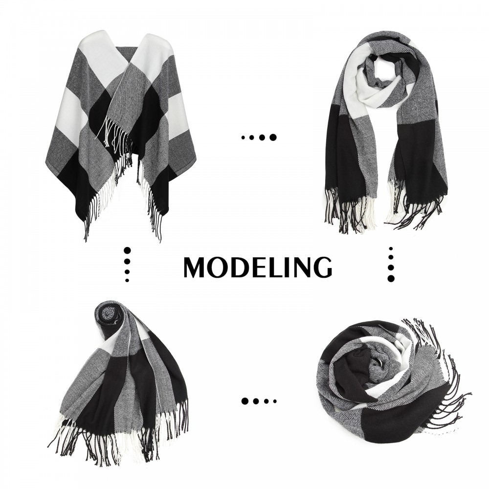 Women Fashion Long Shawl Grid Tassel Winter Warm Lattice Large Scarf - Black