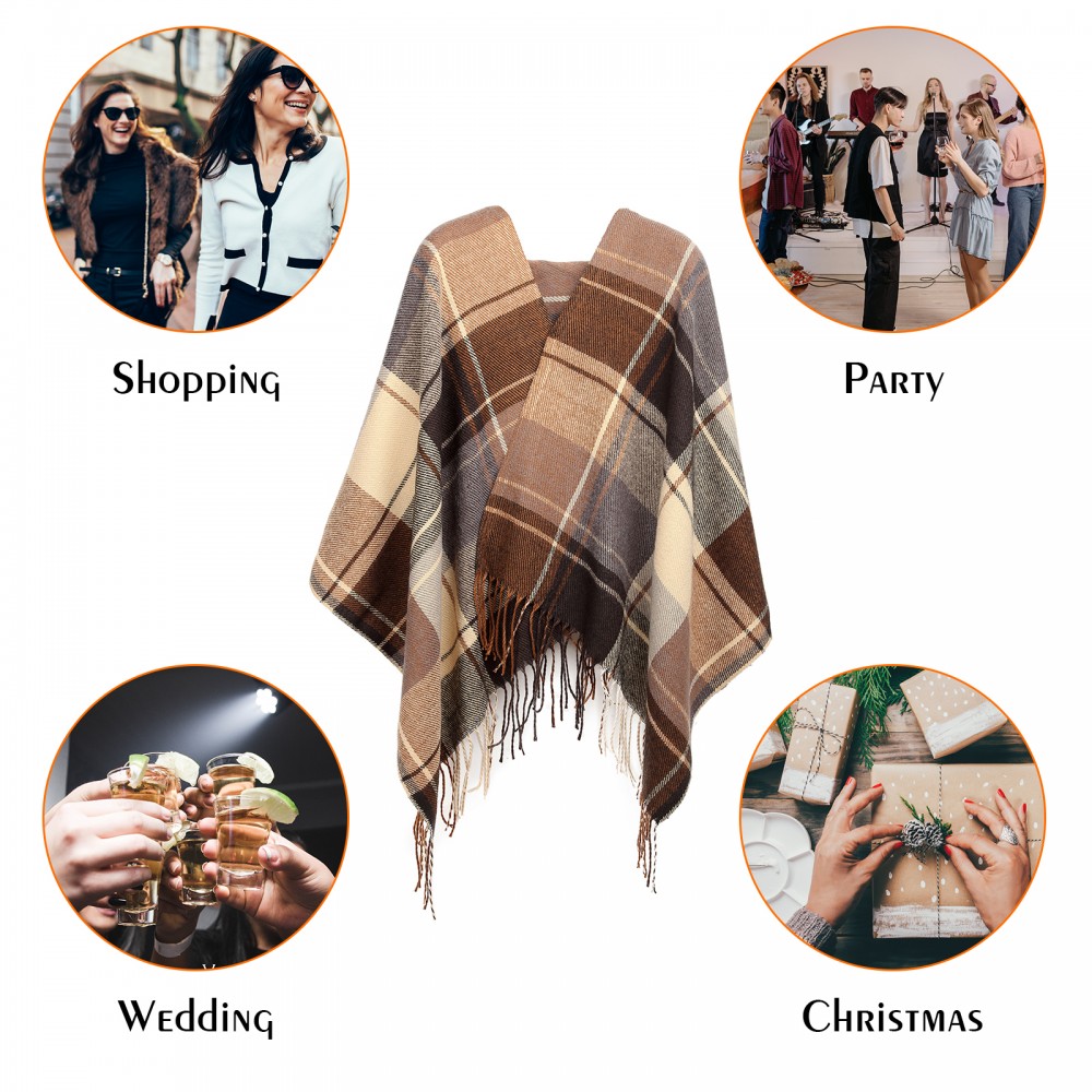 Women Fashion Long Shawl Grid Tassel Winter Warm Lattice Large Scarf - Brown