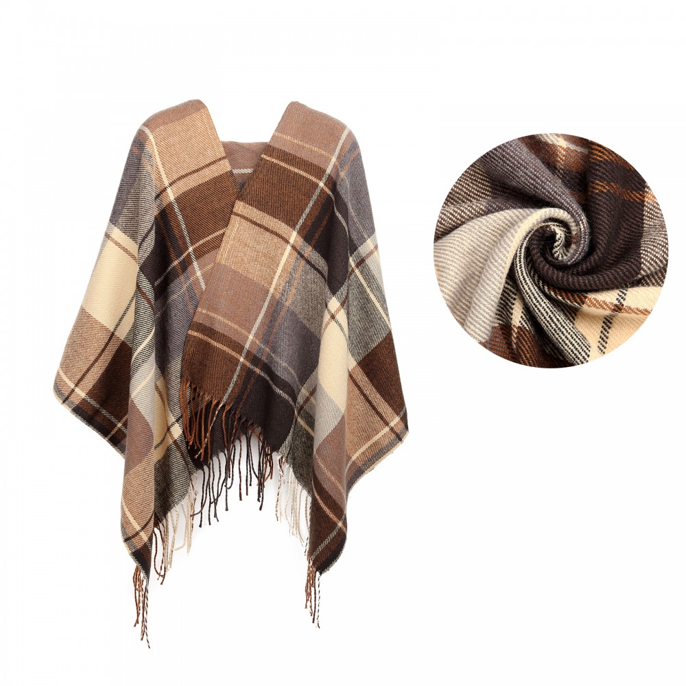 Women Fashion Long Shawl Grid Tassel Winter Warm Lattice Large Scarf - Brown