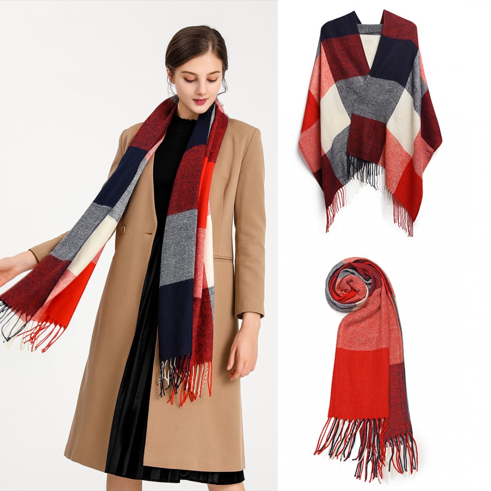 Women Fashion Long Shawl Grid Tassel Winter Warm Lattice Large Scarf - Red