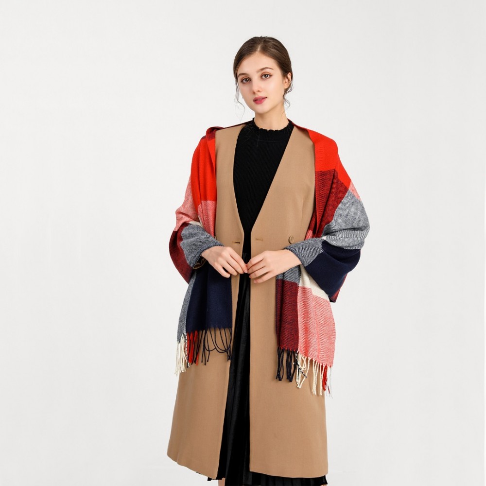 Women Fashion Long Shawl Grid Tassel Winter Warm Lattice Large Scarf - Red