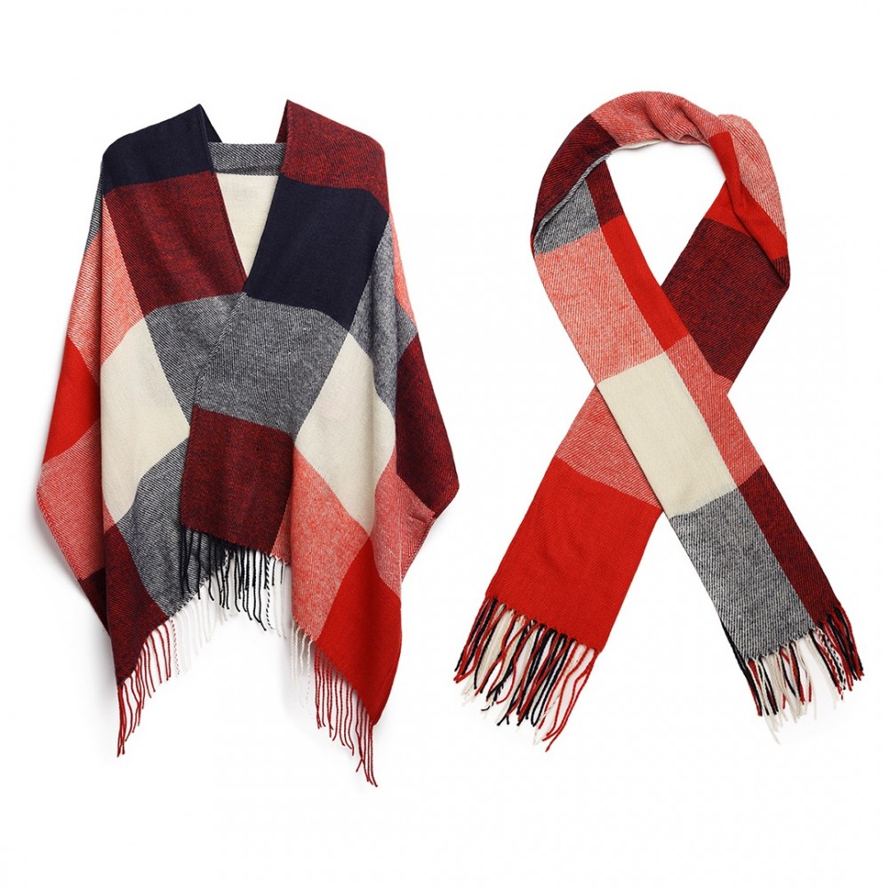 Women Fashion Long Shawl Grid Tassel Winter Warm Lattice Large Scarf - Red