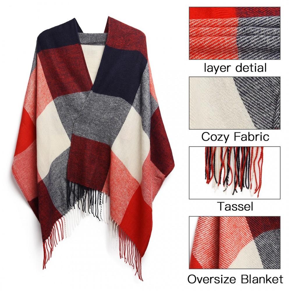 Women Fashion Long Shawl Grid Tassel Winter Warm Lattice Large Scarf - Red
