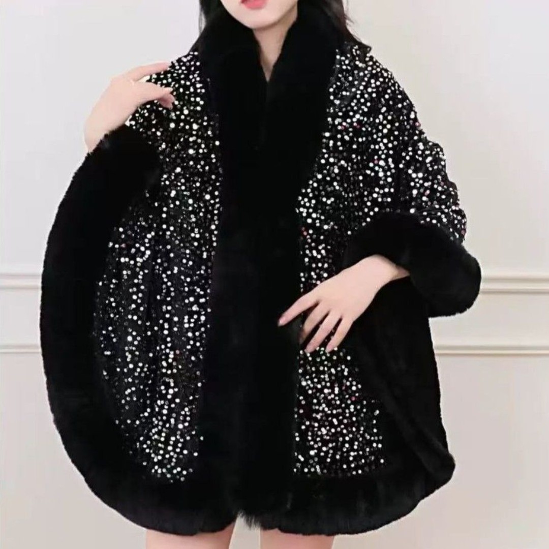 Elegant Sequin Cape Wrap with Plush Faux Fur in Black