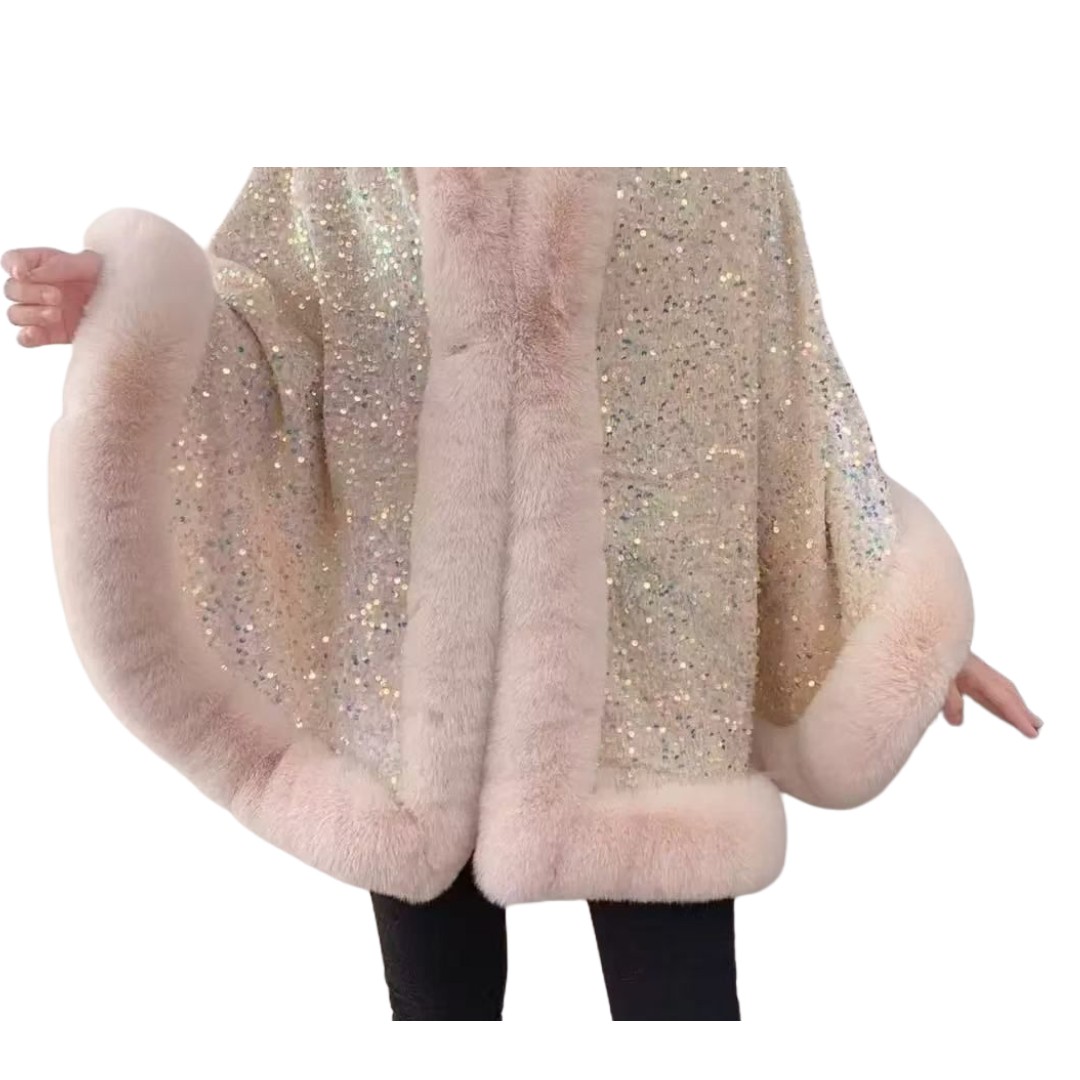 Elegant Sequin Cape Wrap with Plush Faux Fur in Beige
