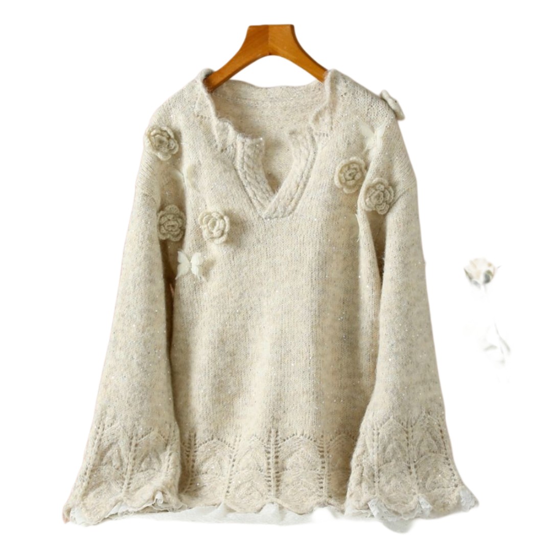 Vintage-Inspired Cream Jumper with Delicate Floral Details & Butterflys.