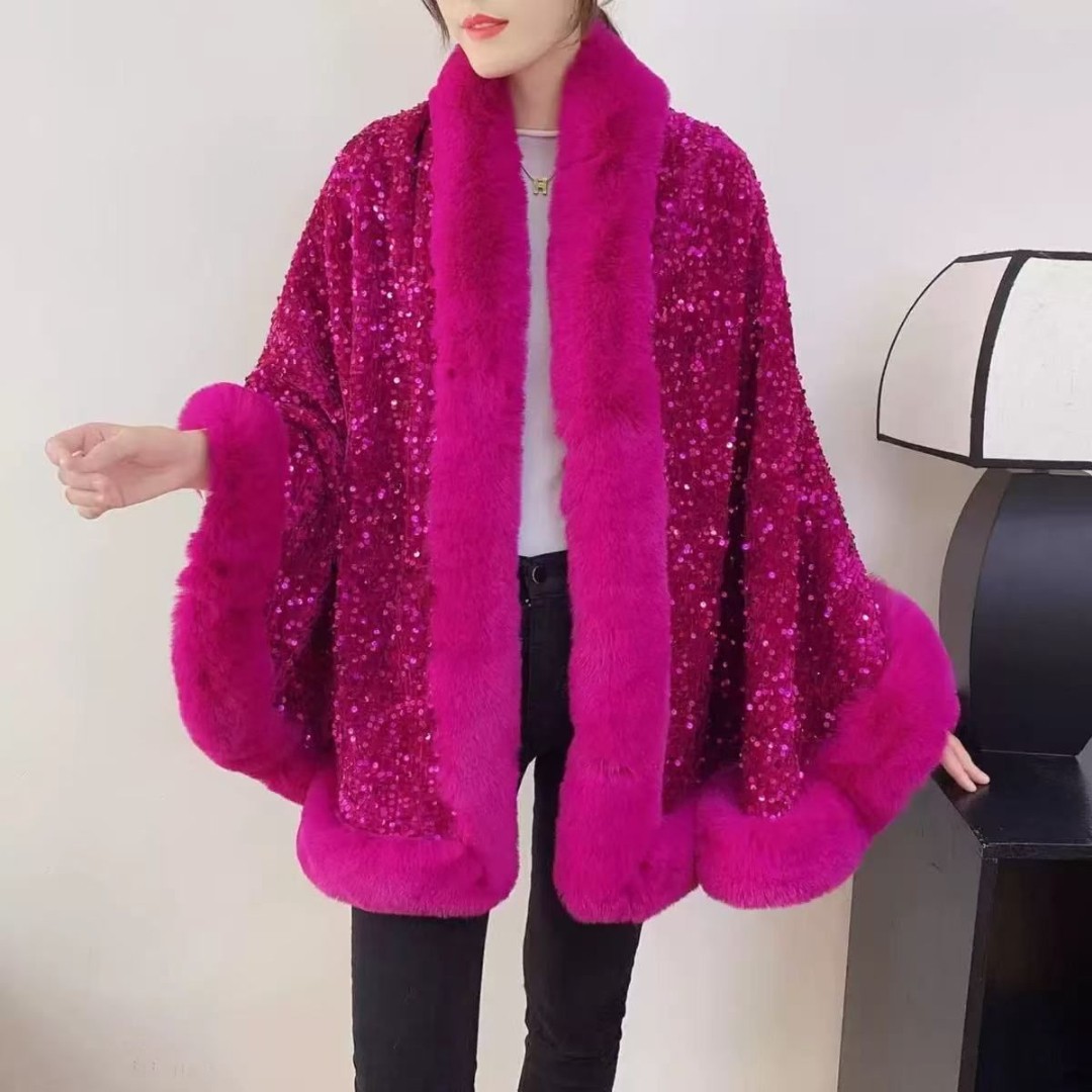 Elegant Sequin Cape Wrap with Plush Faux Fur in Fuchsia