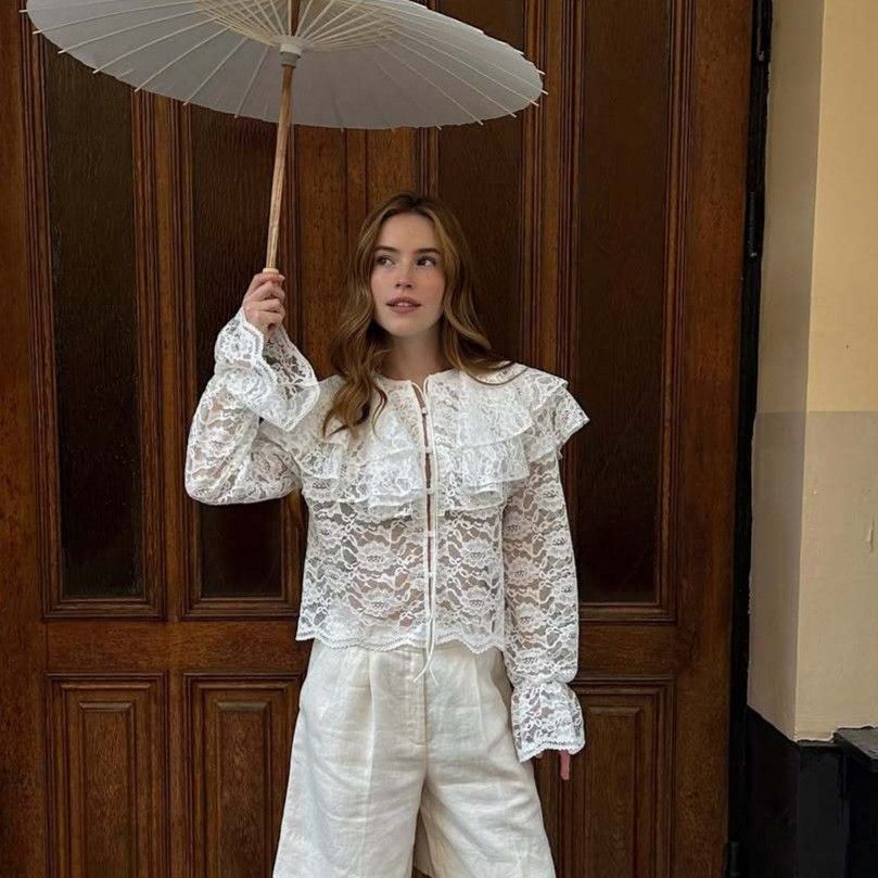 White Floral Lace Ruffle Blouse