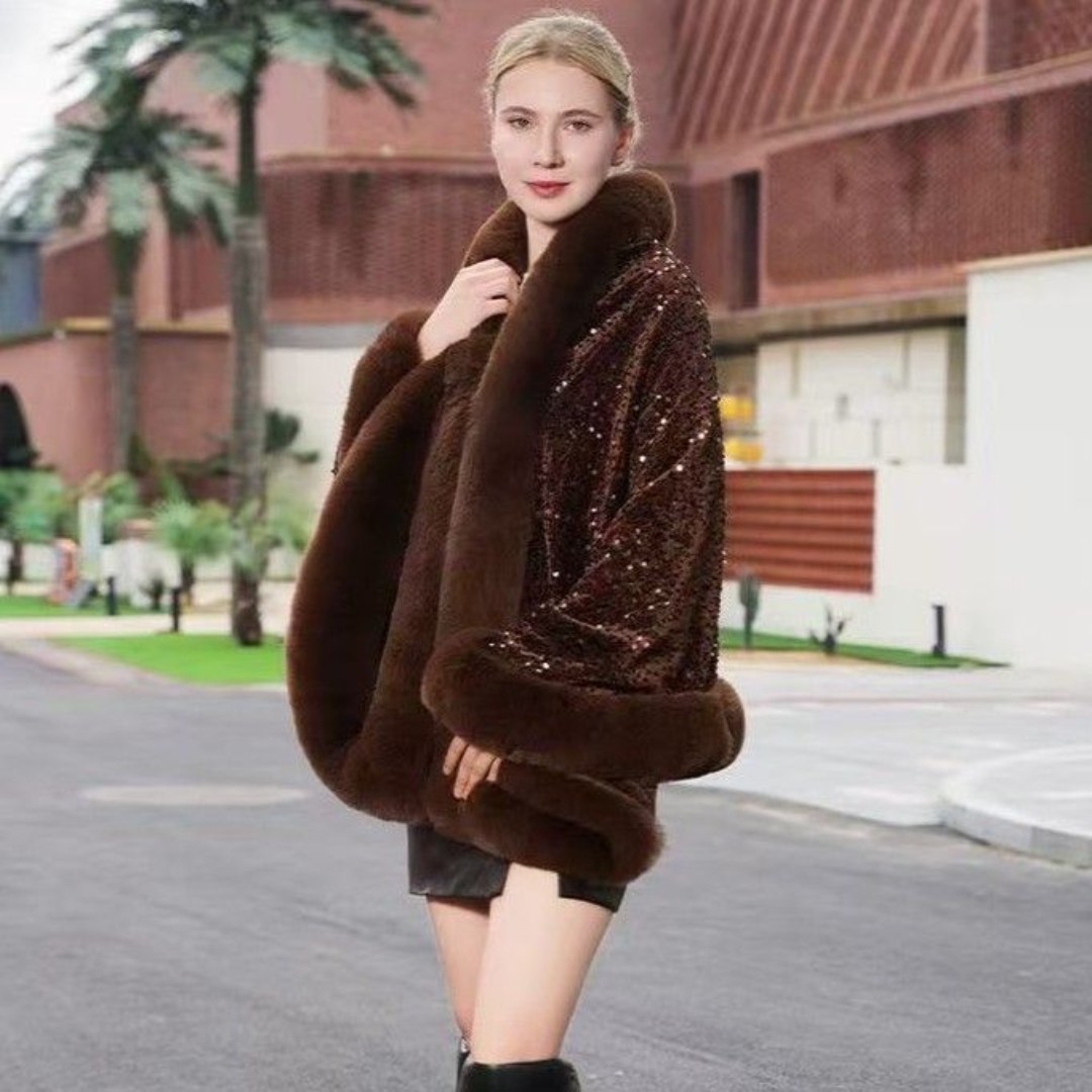 Elegant Sequin Cape Wrap with Plush Faux Fur in Brown