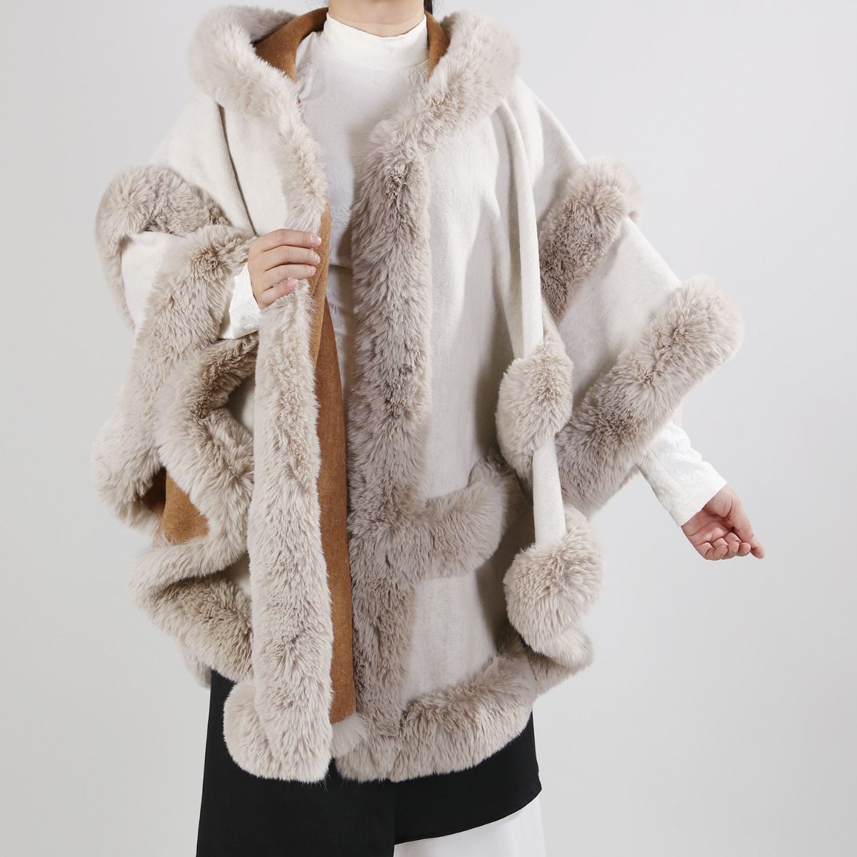 Just arrived -NEW DESIGN - Poncho Cape with Plush Faux Fur Detailing in Cream