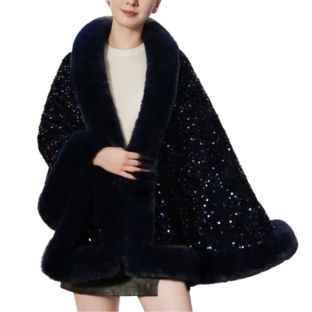 Elegant Sequin Cape Wrap with Plush Faux Fur in Navy