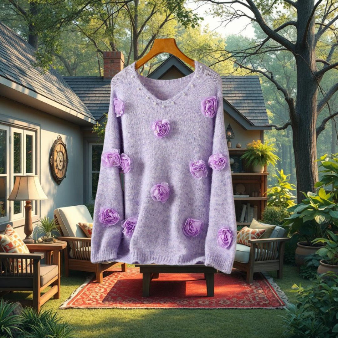 Designer Cosy Sweater with 3D Floral Embellishments in Lavender