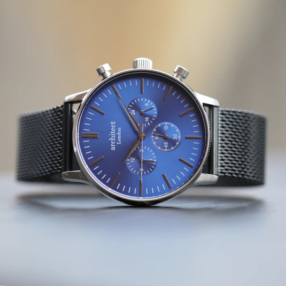 Men's Architect Motivator In Blue With Black Mesh Strap - Modern Font Engraving. 