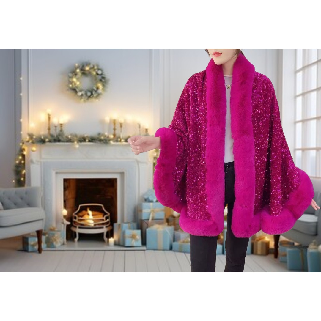 Elegant Sequin Cape Wrap with Plush Faux Fur in Fuchsia