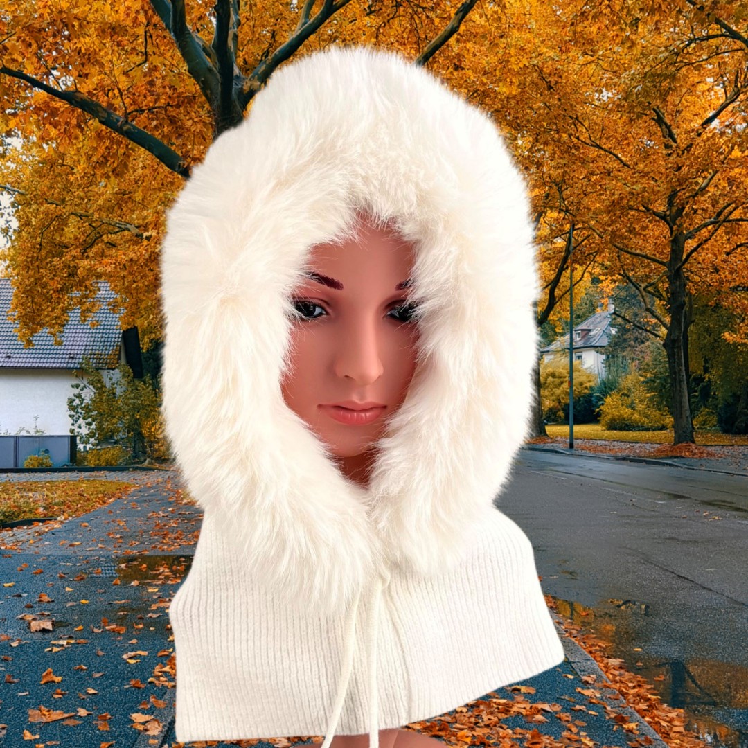 Our exquisite Balaclava, Women's Winter Hood in White. Featuring Faux Fur trim. The perfect gift for her!