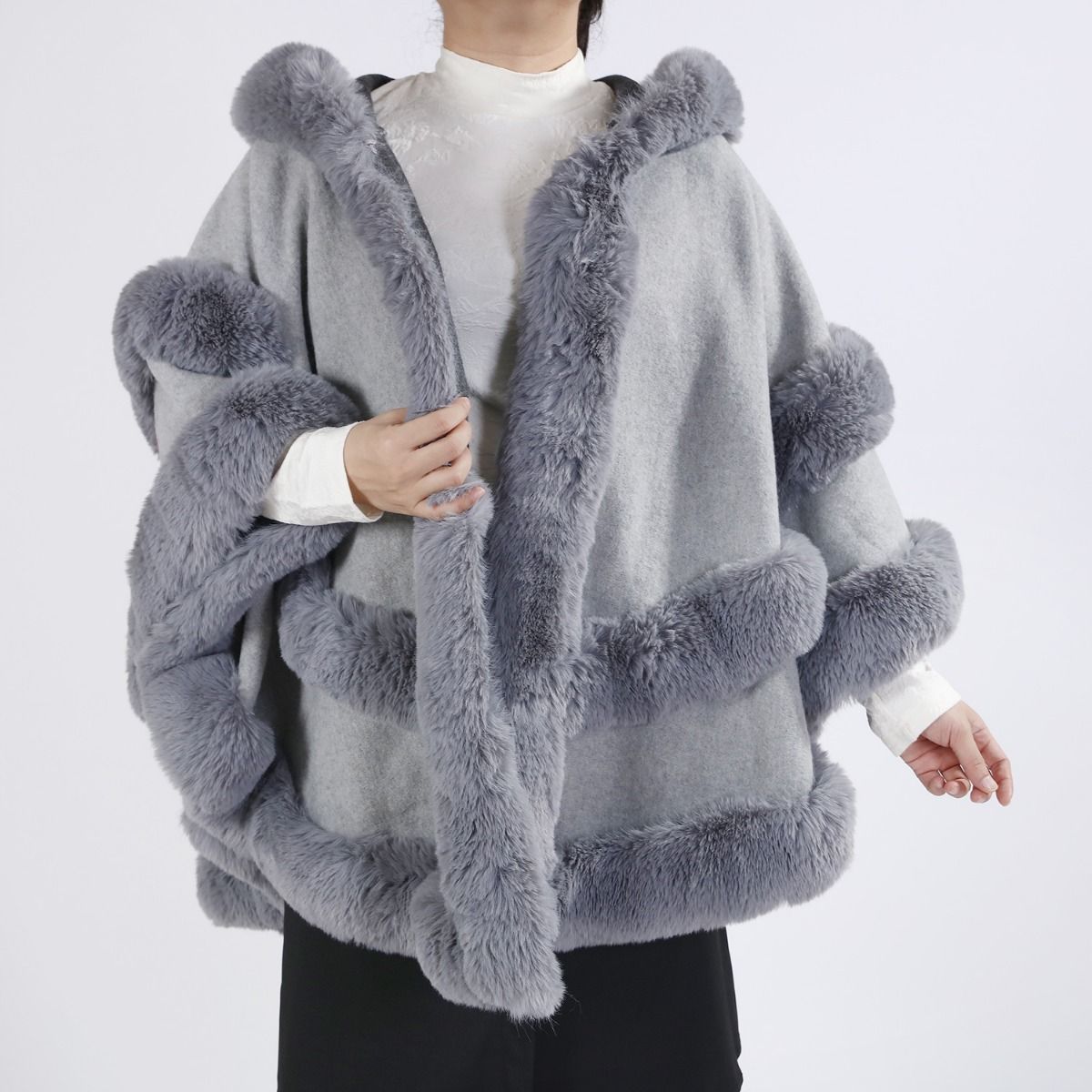 Just arrived -NEW DESIGN - Poncho Cape with Plush Faux Fur Detailing in Silver