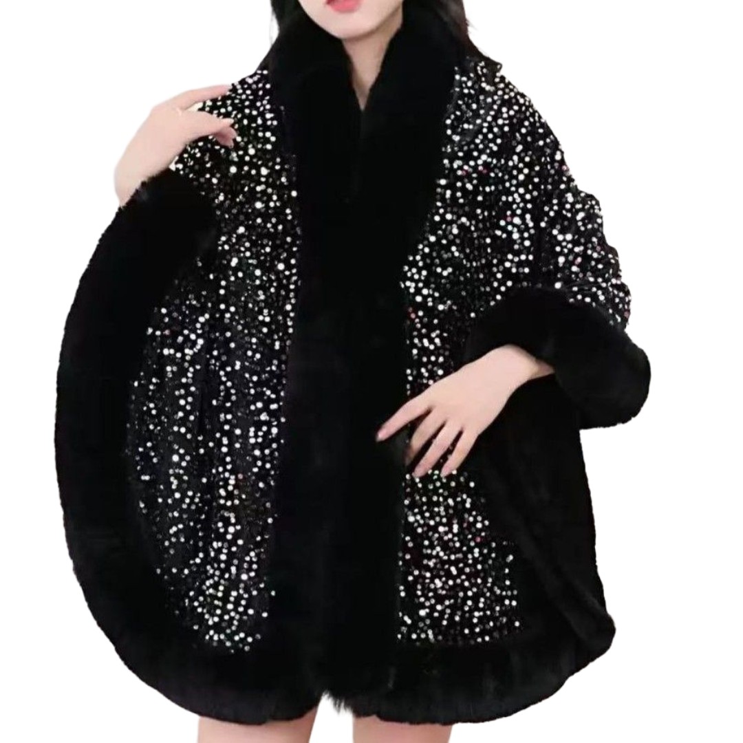 Elegant Sequin Cape Wrap with Plush Faux Fur in Black