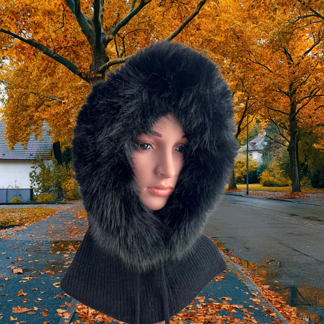 Our exquisite Balaclava, Women's Winter Hood in Black. Featuring Faux Fur trim. The perfect gift for her!